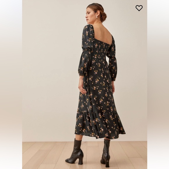 Reformation Mica Dress in Evita — Black Floral Midi - Picture 3 of 5
